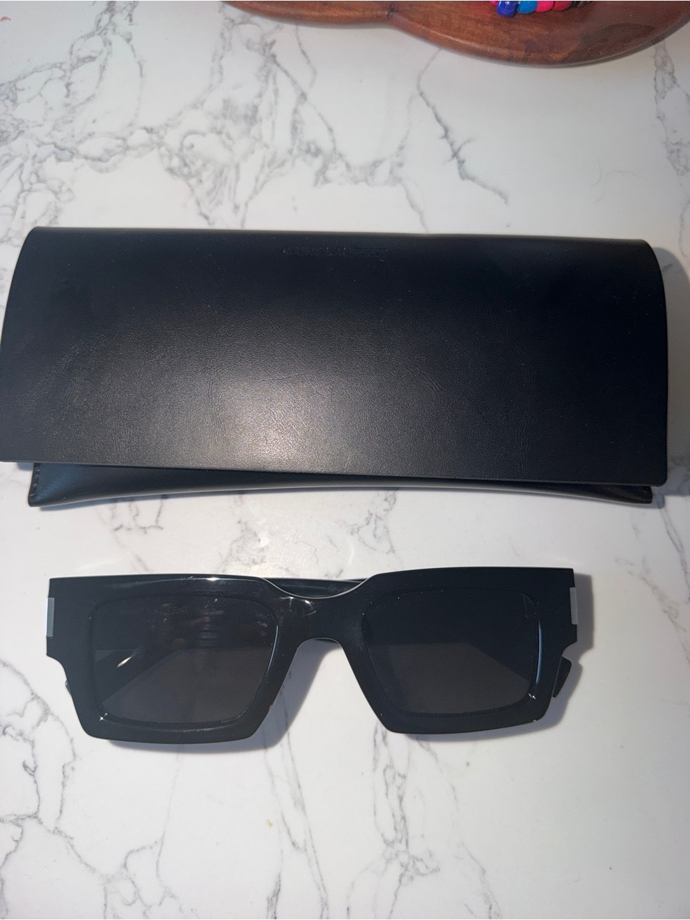 Saint Laurent Glossy Black Logo-Detail Rectangular Sunglasses